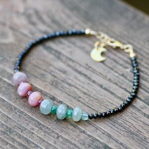 Sparkling Natural Black Spinel , Emerald and Sapphire Bracelet 14K Gold Filled